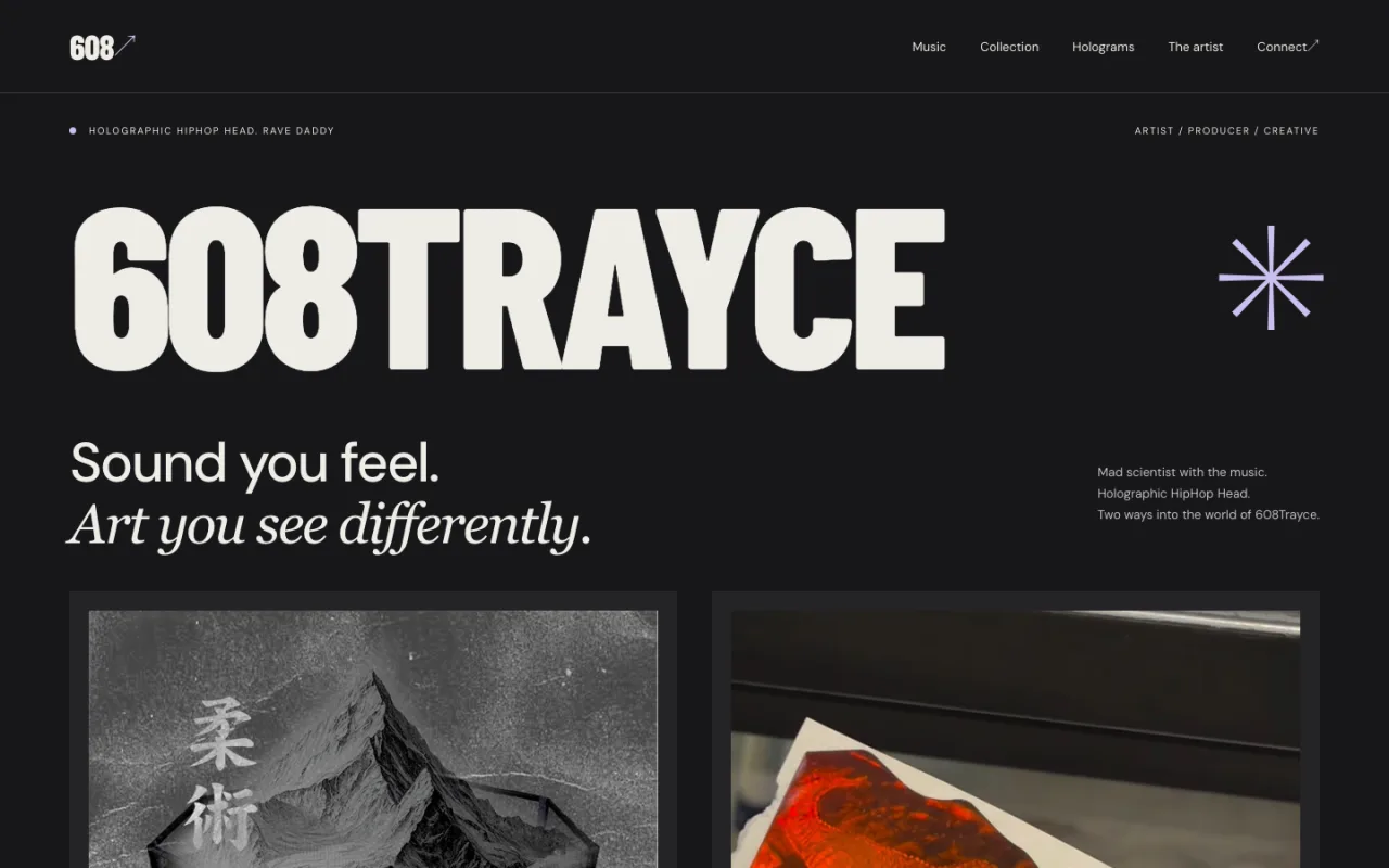 608Trayce artist website with oversized monochrome typography
