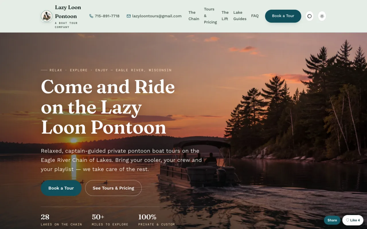 Lazy Loon Pontoon homepage at sunset on a Northwoods lake