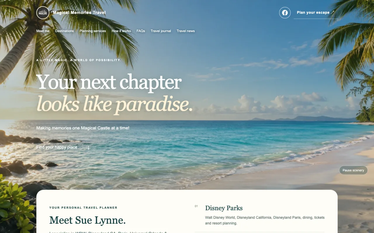 Magical Memories Travel homepage with a tropical beach hero